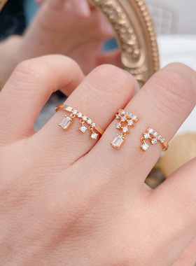 日系轻奢镶钻星辰流苏银镀金戒指