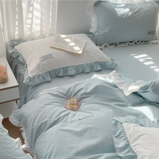 荷叶边全棉奶油纯色水洗棉四件套纯韩系简约公主风被套床裙式 床品