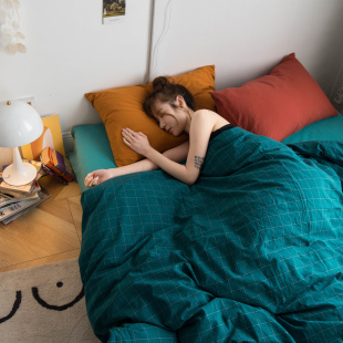 自留款 纯棉四件套全棉色织水洗棉撞色格子被套套件 北欧复古网红款