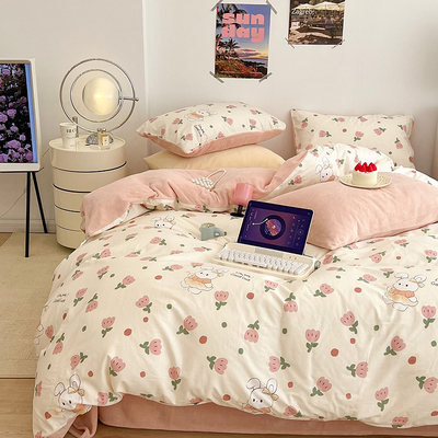 棉加牛奶绒四件套床单被套三件套