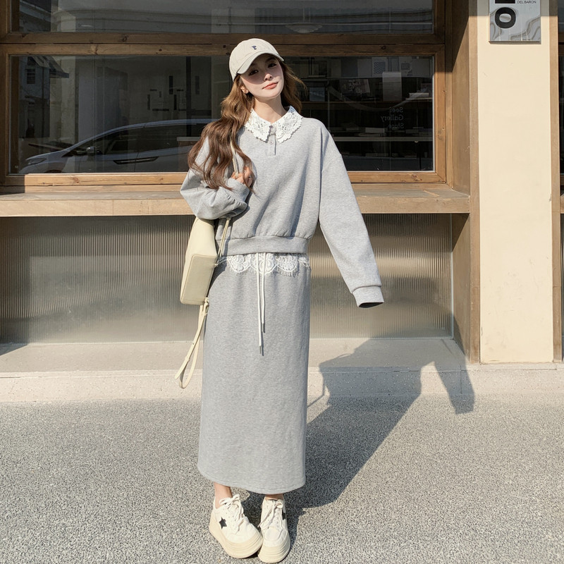 现货2026年春装新款韩系蕾丝拼接卫衣裙子套装XW9801P180K288，女装套装/套裙，浙宝171