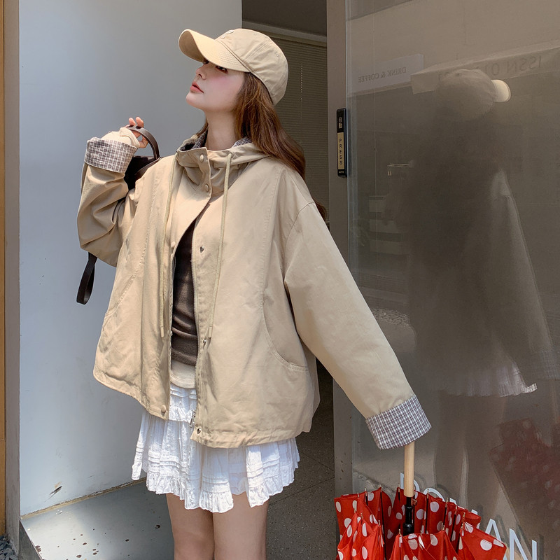 现货2026年春装新款袖口格子带帽风衣XW738P155K238,女装短外套,浙宝171