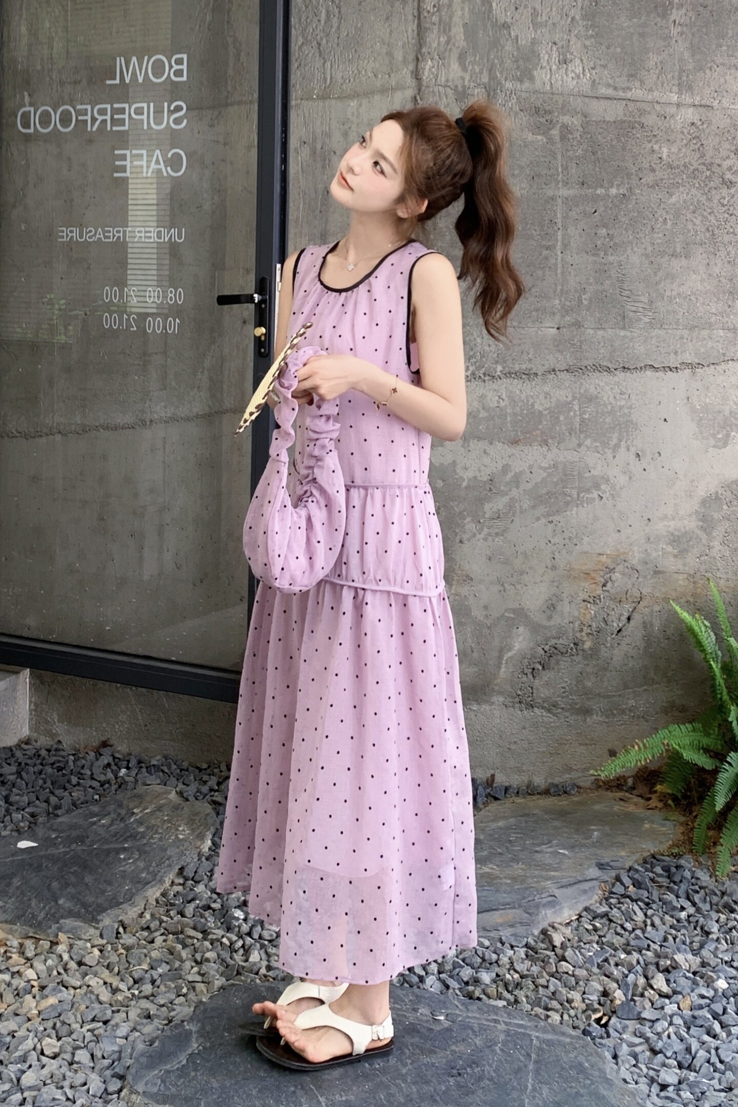 26夏新款紫色圆领波点A字洋气连衣裙（配包包）XW1126P155K238,女装连衣裙,浙宝171