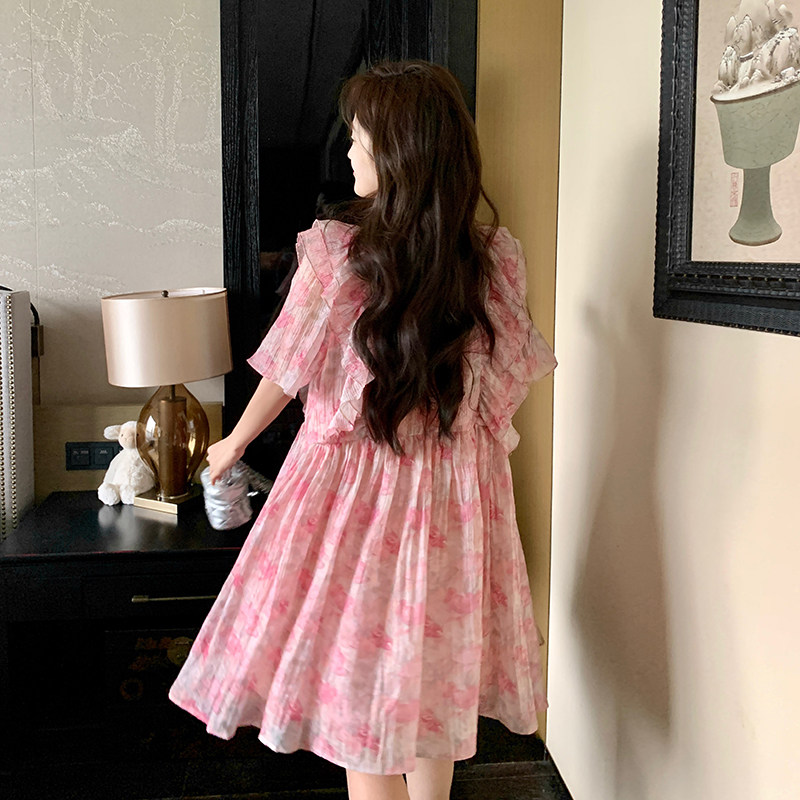 现货2026年夏装新款粉色印花连衣裙XW6987P115K178,女装连衣裙,浙宝171