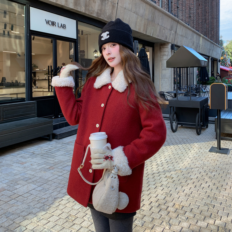 现货25圣诞新年款红色毛呢羽绒外套(90绒)XW3365P295K448，女装羽绒服，浙宝171