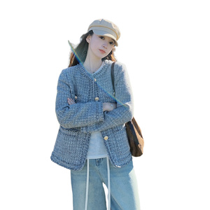 蓝色名媛小香风外套女编织呢2025春季新款韩版高级感休闲百搭夹克图片