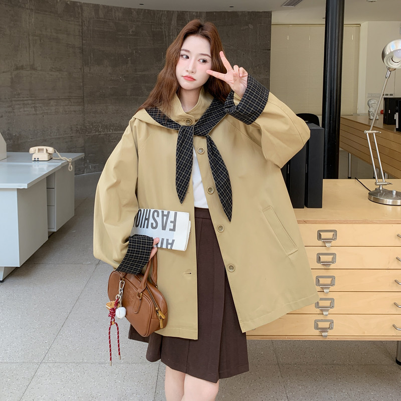 现货2026春新款格纹拼接帽子可拆卸卡其色风衣XW742P165K248,女装短外套,浙宝171