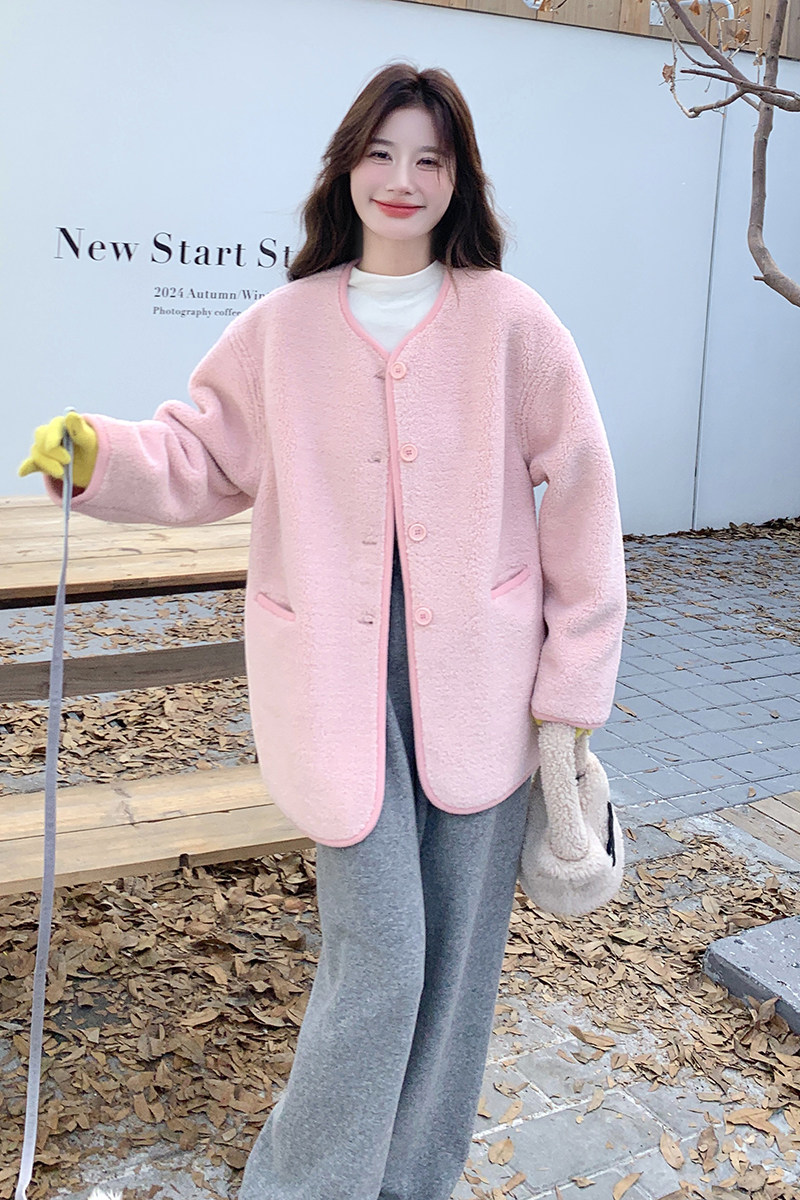 甜美减龄皮毛一体粉色羊羔毛外套女冬季2025新款多巴胺独特超好看,女装短外套,浙宝171