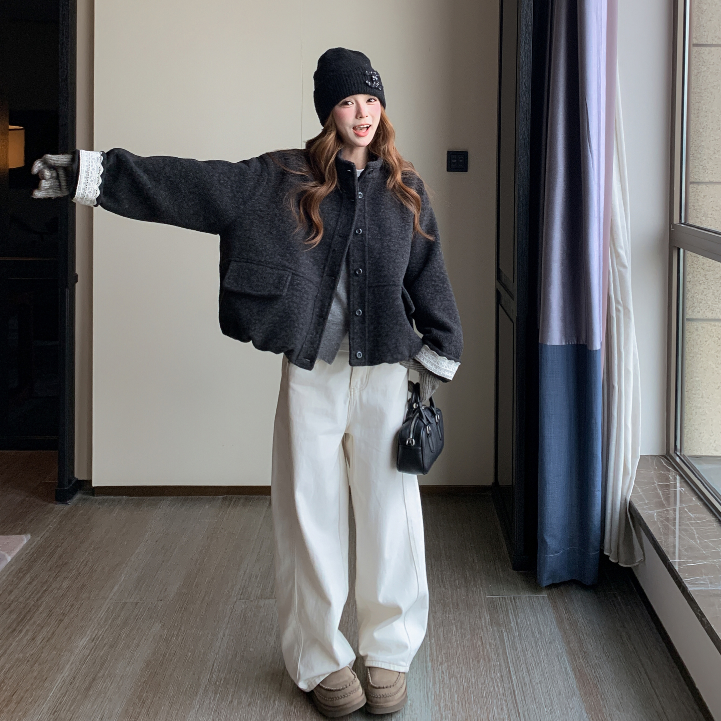 现货2025新款蕾丝拼接毛呢外套XW3308P185K278，女装短外套，浙宝171