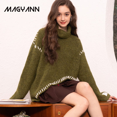 Magyann【绿茵】简约高领绿色立领不规则毛衫套头针织上衣