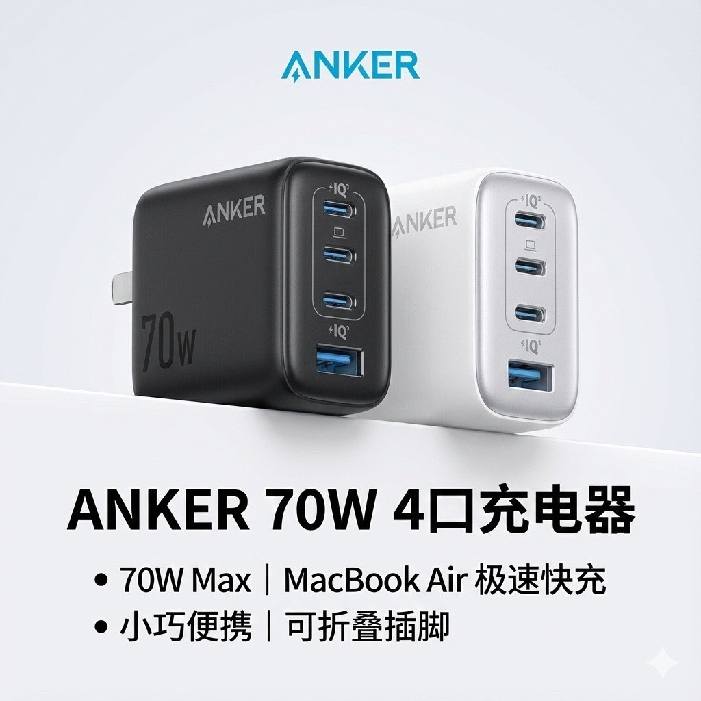 Anker安克安心充70W充电器多口氮化镓快充头TypeC折叠插脚手机电脑通用适用iphone苹果17promax华为小米