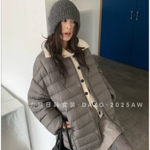 女 宽松中长款 排骨款 90白鸭绒轻薄圆领羽绒服韩国东大门2025冬新款