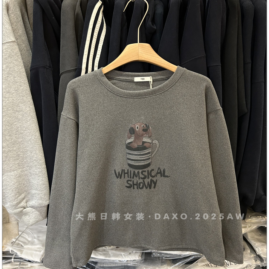 秋冬磨毛圆领卡通小狗印花打底女