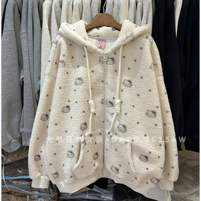 卡通KT满印连帽卫衣羊羔绒外套女