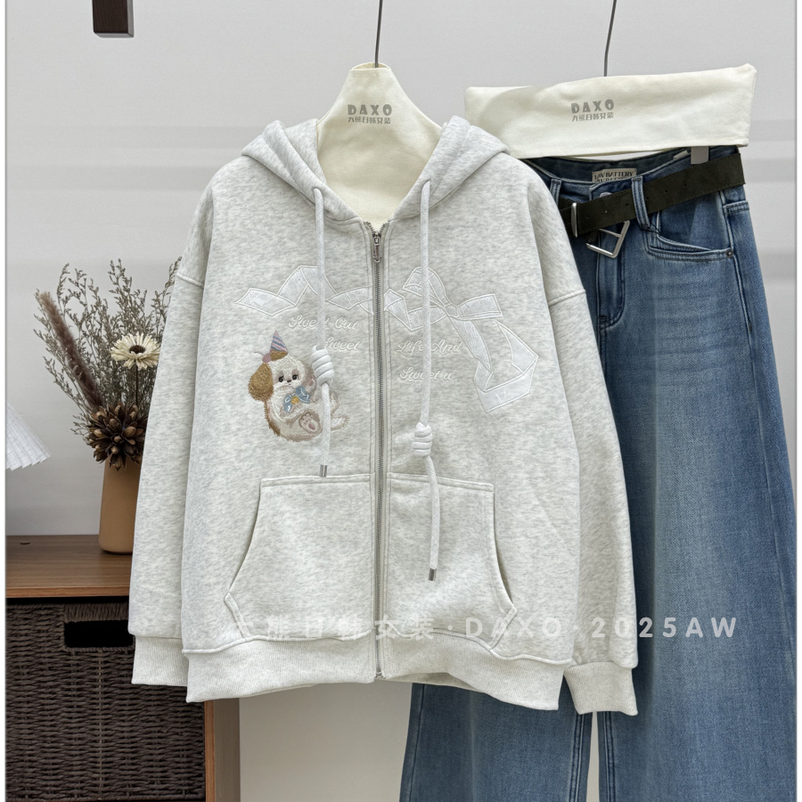 韩代加绒卡通小狗刺绣卫衣外套女