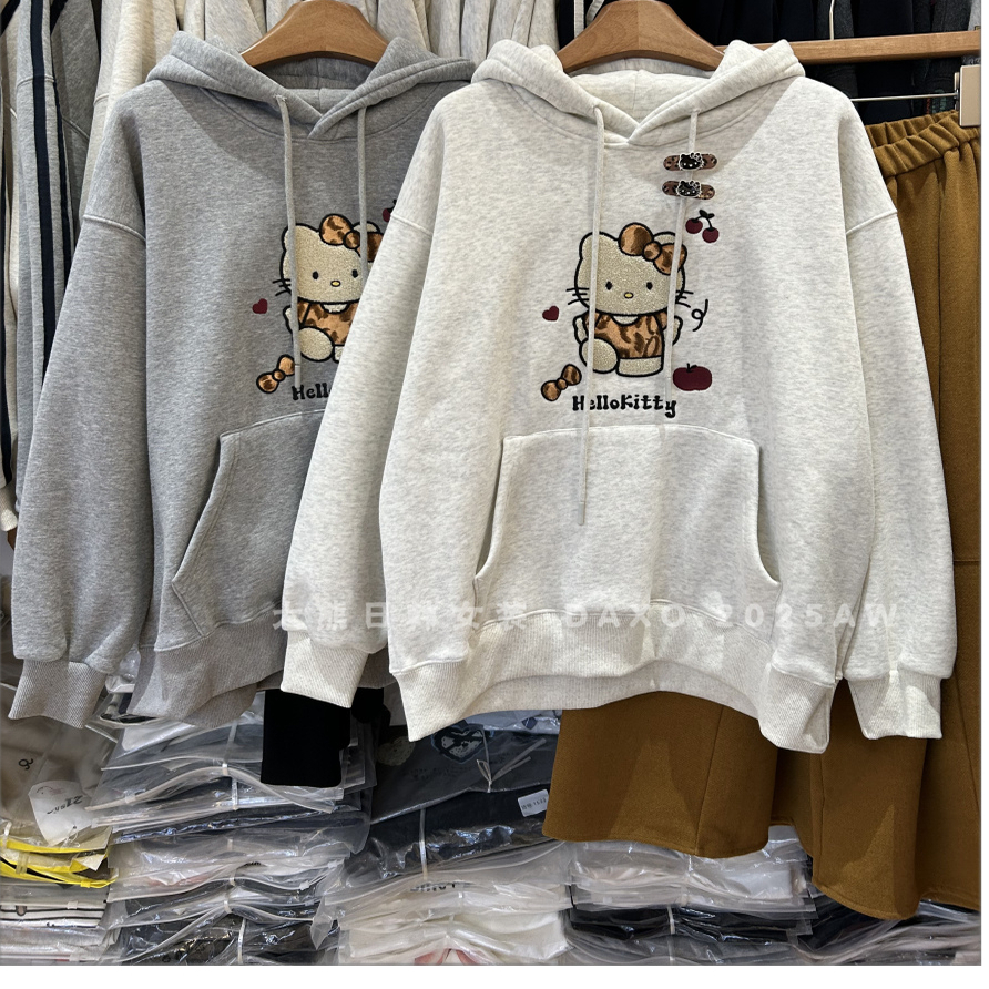 秋冬加绒卡通豹纹kt猫卫衣帽衫女