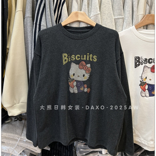 东大门2025秋冬新款 T恤卡通kt猫印花宽松打底女t 拉绒磨毛圆领长袖