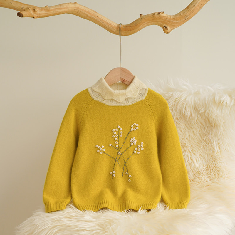 洪叶云台100%儿童羊绒衫宝宝纯绒保暖加厚翻领女童手工做花款毛衣