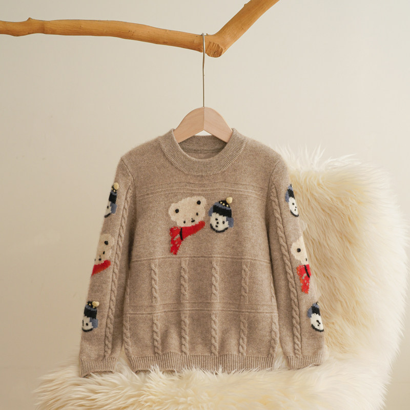 洪叶云台儿童100%山羊绒衫宝宝卡通圣诞小熊加厚毛衣男童冬季打底