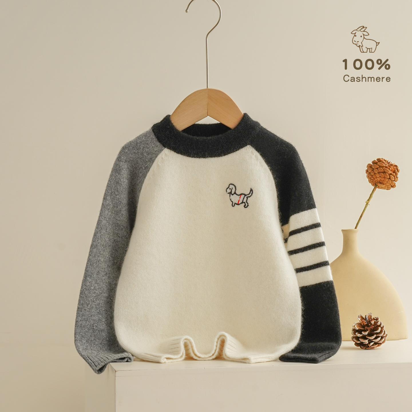 洪叶云台100%纯山羊绒毛衣男女童保暖打底衫插肩四杠卡通小狗韩版