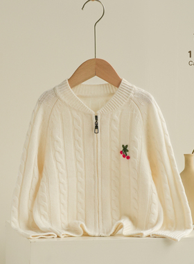 女童100%纯山羊绒保暖加厚开衫宝宝白色手工绣花拉链毛衣针织外套