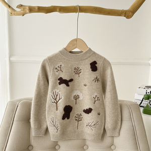 康赛妮儿童100%山羊绒衫男女童圆领毛衣宝宝针织手工刺绣双股打底