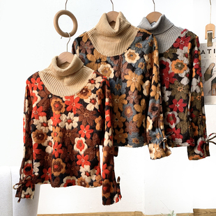 高领打底衫 复古森女系毛绒绒长袖 女秋冬 满山红遍层林尽染 秋意浓