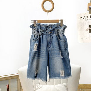 女春夏 直筒阔腿五分裤 撤柜单 时髦破洞街头休闲风高腰柔软牛仔裤