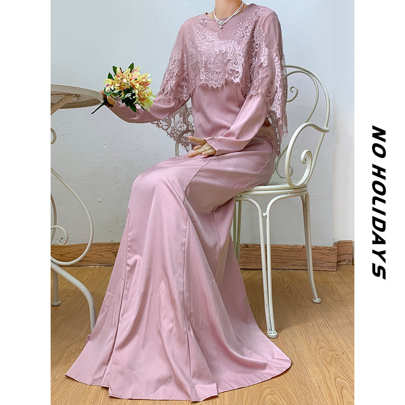 欧洲单!阿拉伯迪拜风情礼服!大码女装蕾丝领长袖连衣裙长裙女夏