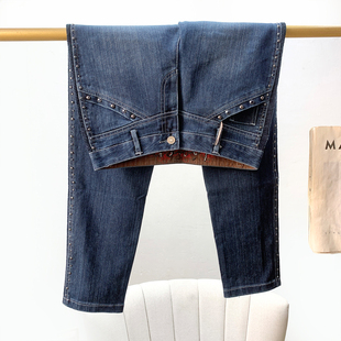 四季 撤柜单 女九分裤 休闲牛仔裤 穿 街头风时髦复古铆钉烫钻靴裤