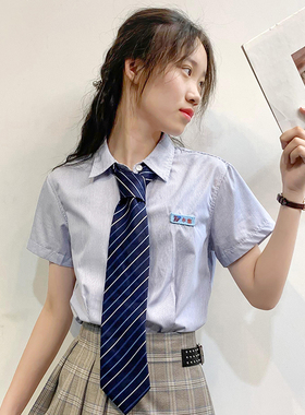 超值白菜价！治愈蓝色条纹短袖衬衫~职业通勤OL衬衫女夏/工装制服