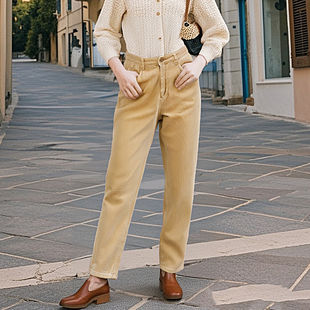 女四季 欧美单 港风高腰萝卜裤 纯棉灯芯绒裤 vintage复古做旧磨白