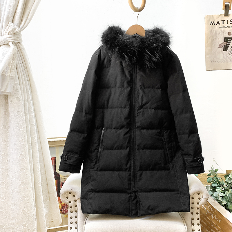 真毛领中长款连帽羽绒服