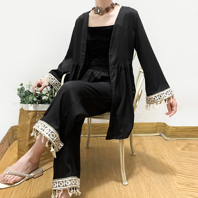 金边流苏民族风开衫阔腿裤套装女