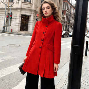 高货！品牌柜单~显肤白红色/百褶裙摆式立领羊毛呢大衣外套女秋冬