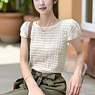 質(zhì)量超好 包袖 鄰家少女白色條紋歐根紗短袖 上衣女夏 日本原單