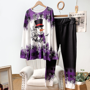 大码 圣诞雪人 睡衣套装 长袖 家居服春秋 外贸单 T恤长裤 男女通穿