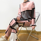 春秋两件套 外贸单 高腰喇叭裤 时尚 套装 拼色设计休闲宽松连帽卫衣