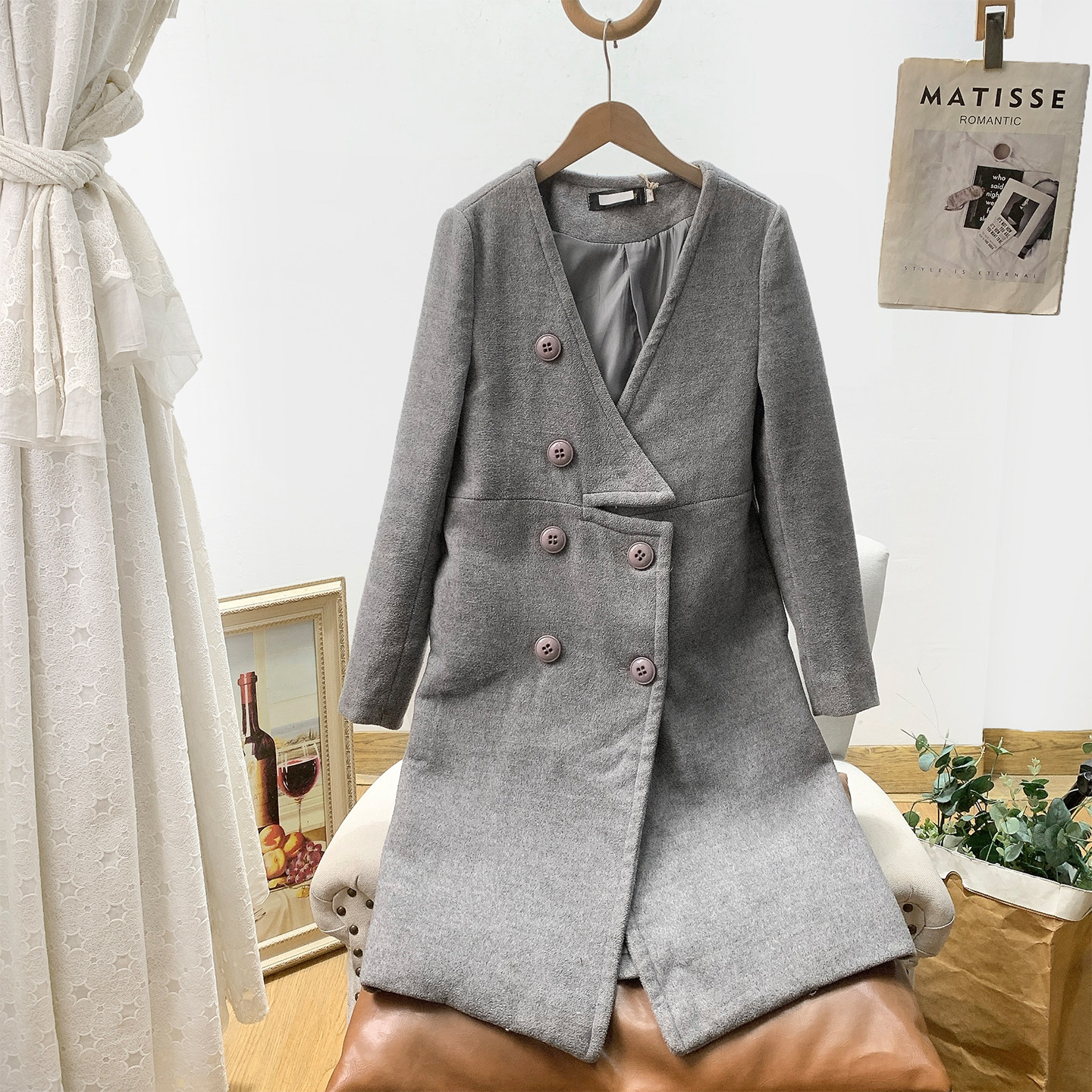 双排扣毛呢中长款大衣外套