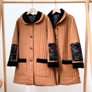 撤柜货~年代复古风/民族风绣花~偏薄款中长款棉衣棉服女秋冬