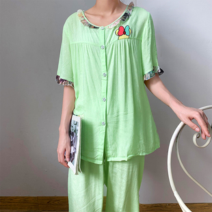 老货撤柜~清新苹果绿~舒服清凉睡衣睡裤套装/美式田园家居服女夏