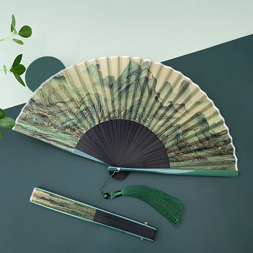 木木夕青绿山水夏季便携小折扇