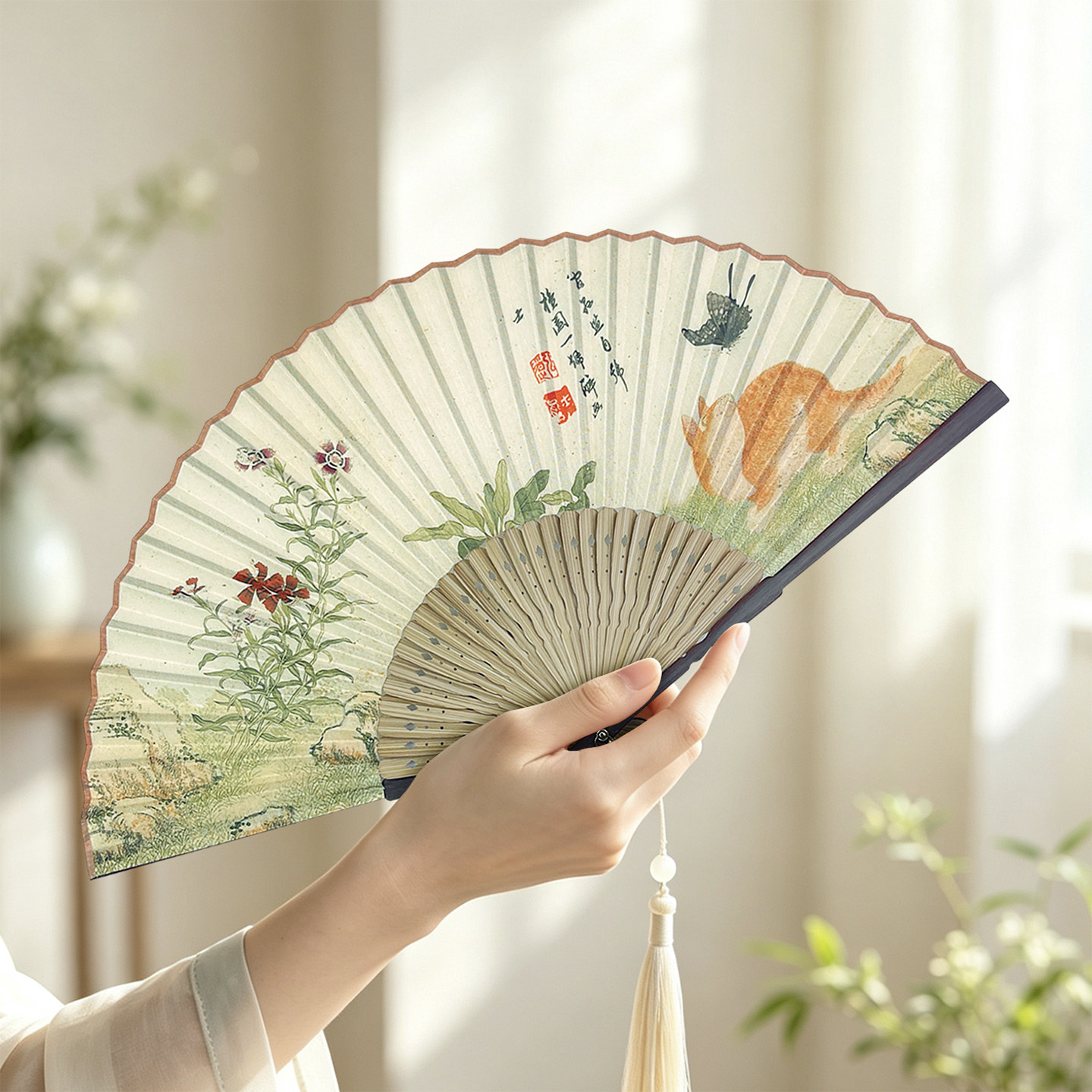 古风扇子折扇中国风夏季便携折叠复古汉服旗袍走秀舞蹈猫咪蝴蝶扇