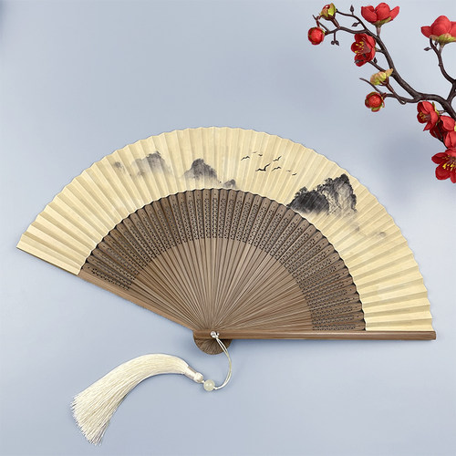 扇子夏天便携折叠国风空白黄面