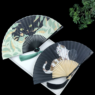 中国风扇子折扇女式 夏天便携随身折叠扇猫咪可爱少女棉布古典小扇