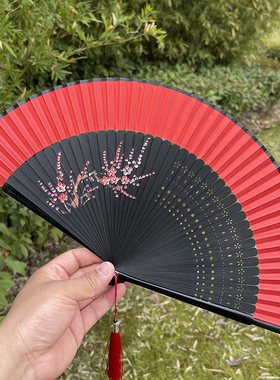 扇子折扇中国风红色易开合舞蹈扇古风汉服旗袍走秀跳舞小折叠扇子