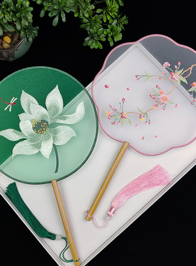 刺绣团扇中国风古典古装汉服旗袍古风长柄流苏仙鹤莲花八瓣圆扇子