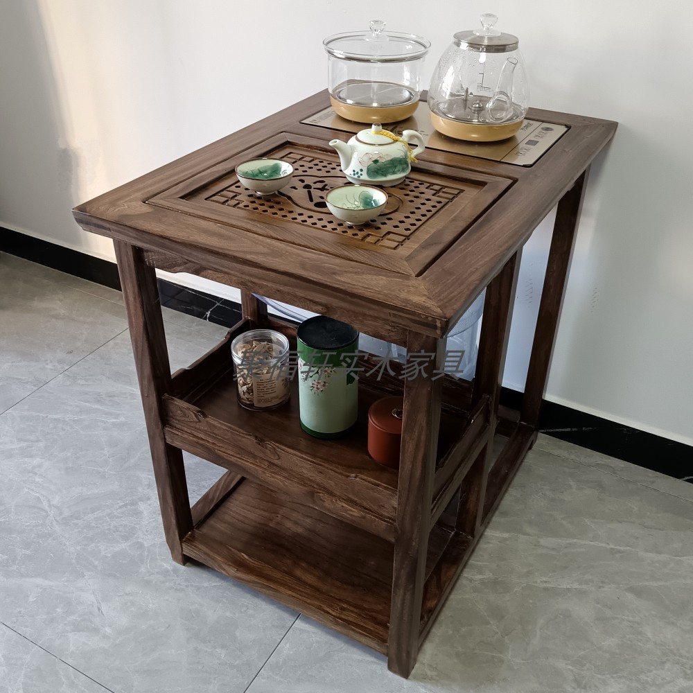 榆木二人烧水茶桌组合实木茶水柜