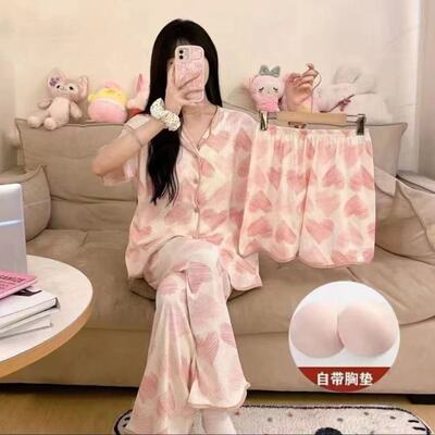 Pajamas带胸垫睡衣女短袖开衫家居服三件套装甜美可爱风休闲新款