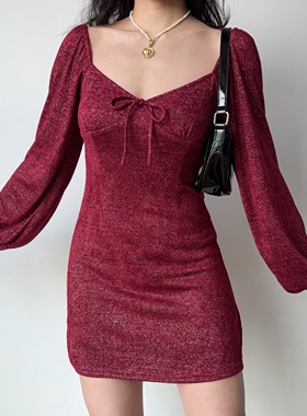 Go Girl Go 圣诞限定/自制复古欧美风细闪红色连衣裙女灯笼袖短裙